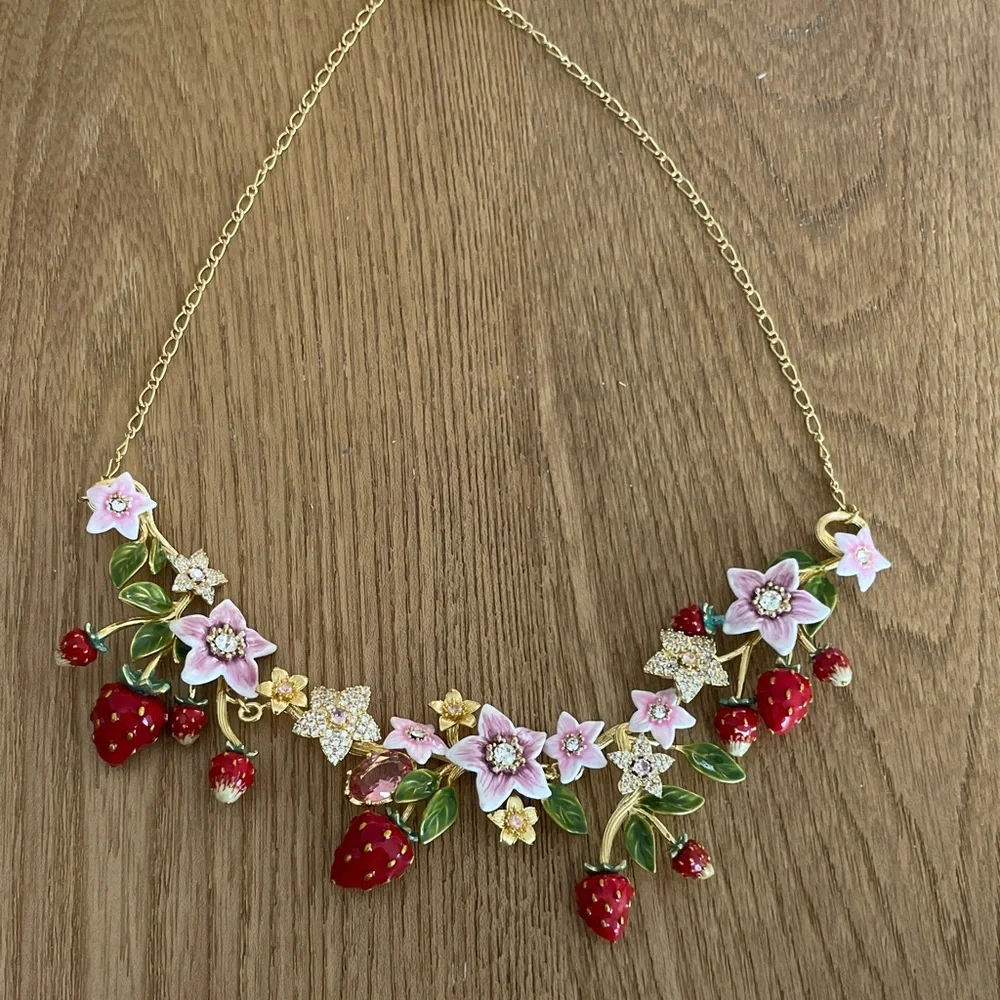 Anthropologie Pink, Red & Green Strawberry Floral Necklace - Picture 2 of 10